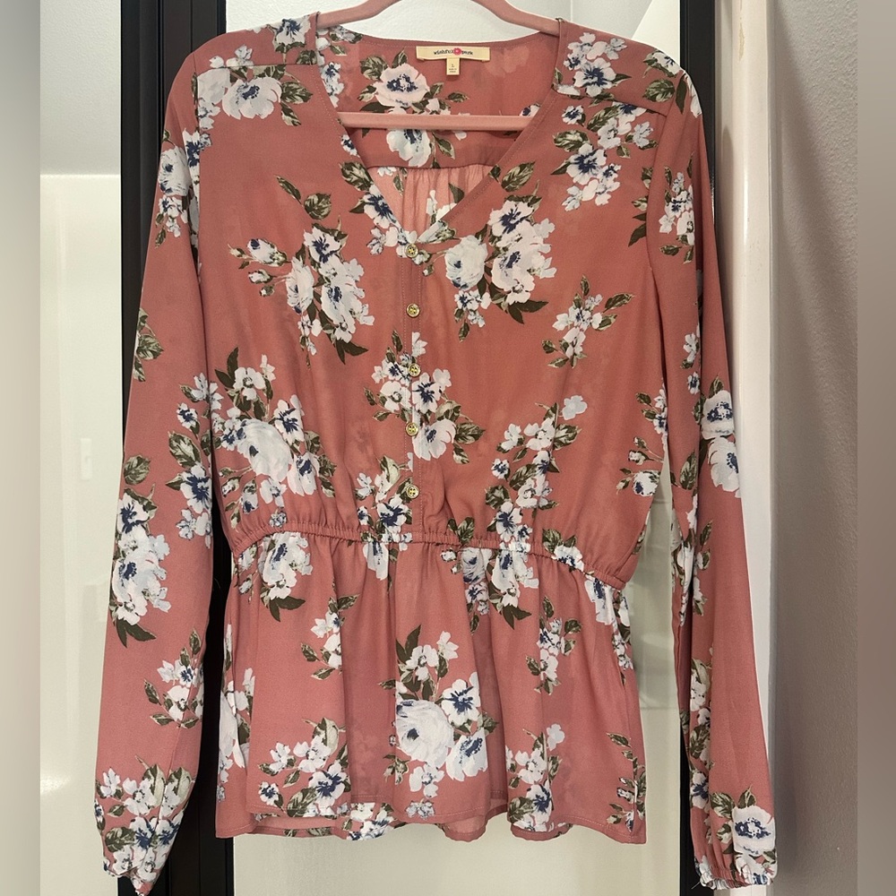 Wishful Park Floral Peplum Blouse Pink White V-Neck Long Sleeve Top Large‎ NWOT